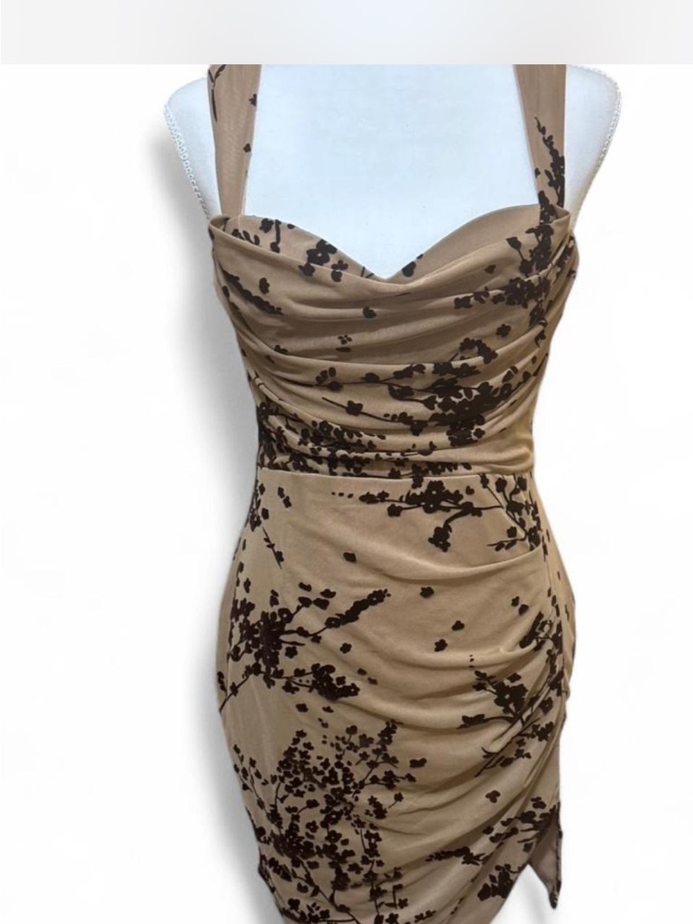 Fashion Nova Tan Floral Ruched Halter Mini Dress NWT Y2K